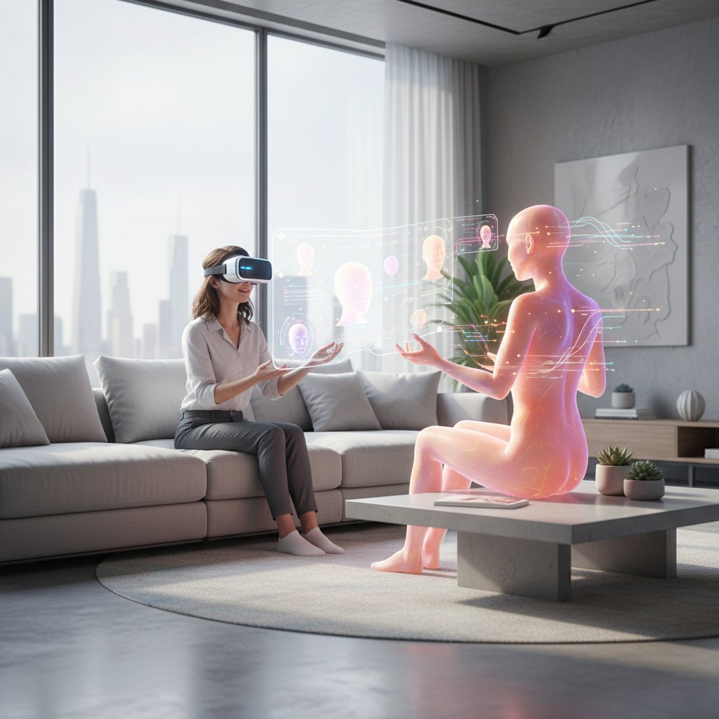 Symbolfoto: Junge Frau in VR-Brille erlebt emotionale KI-Interaktion im modernen Wohnzimmer – Zukunft der KI-Beziehung