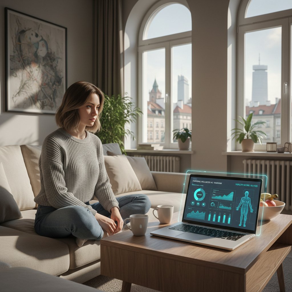 Kobieta w warszawskim mieszkaniu korzysta z asystenta zdrowotnego