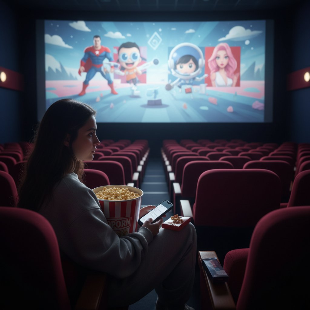 Młoda kobieta oglądająca samotnie film w kinie, intensywne emocje na twarzy, popkultura a samotność