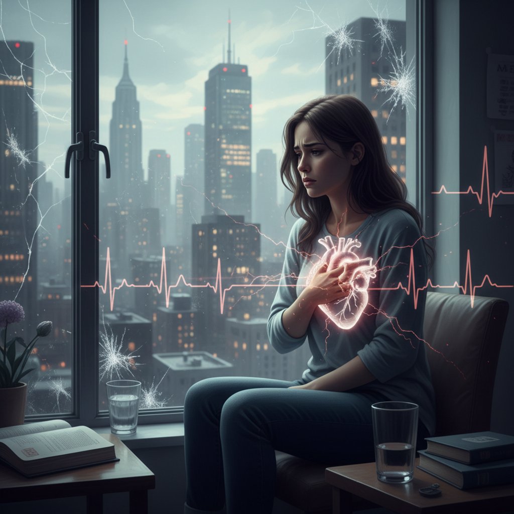 Młoda kobieta zamyślona siedząca przy oknie, patrząca na miasto – ilustracja psychologicznych skutków choroby serca