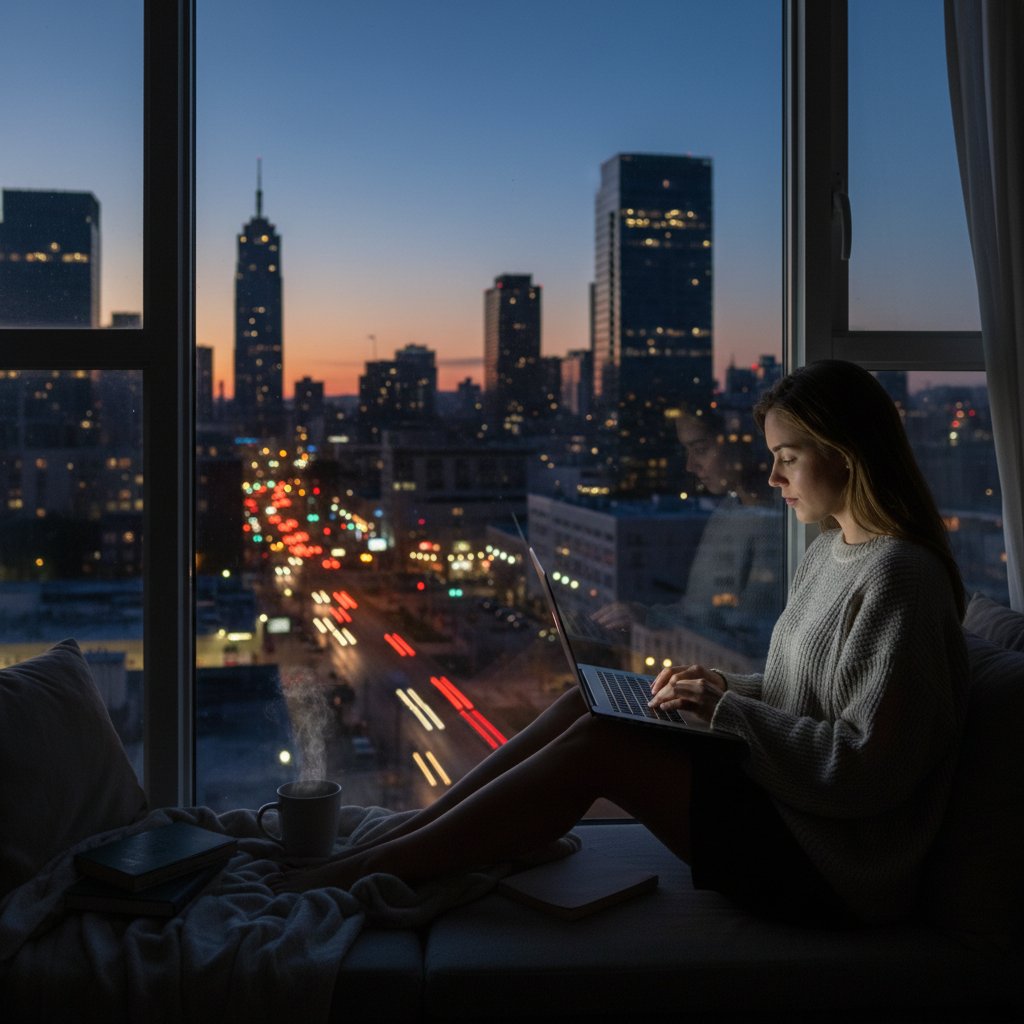 Młoda kobieta z laptopem przy oknie, uśmiechnięta podczas pisania wiadomości, w tle wieczorny pejzaż miasta