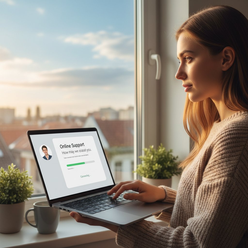 Młoda kobieta patrząca przez okno, laptop obok – symbol procesu wsparcia online, nadzieja