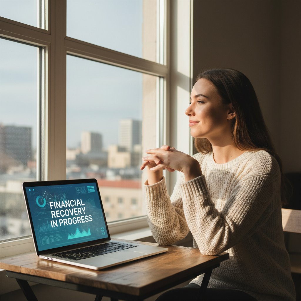 Młoda kobieta wygląda przez okno z nadzieją, laptop na biurku, atmosfera ulgi i zadumy