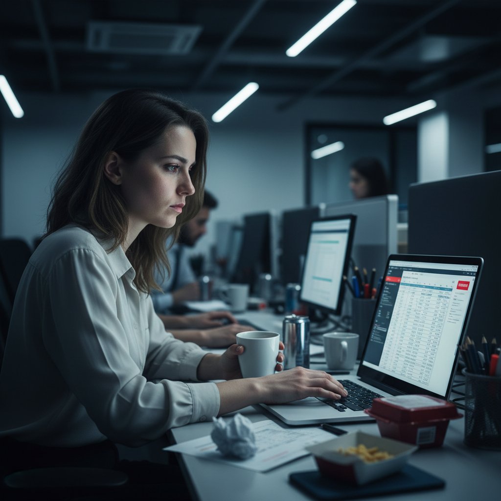 Młoda kobieta siedząca przy komputerze, nadmiar pracy i objawy wypalenia, stres w korporacji
