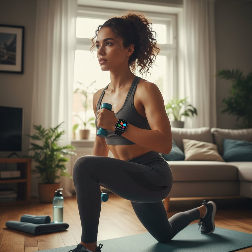 Młoda kobieta ćwicząca w domu, smartwatch, aplikacja zdrowotna na ekranie tabletu