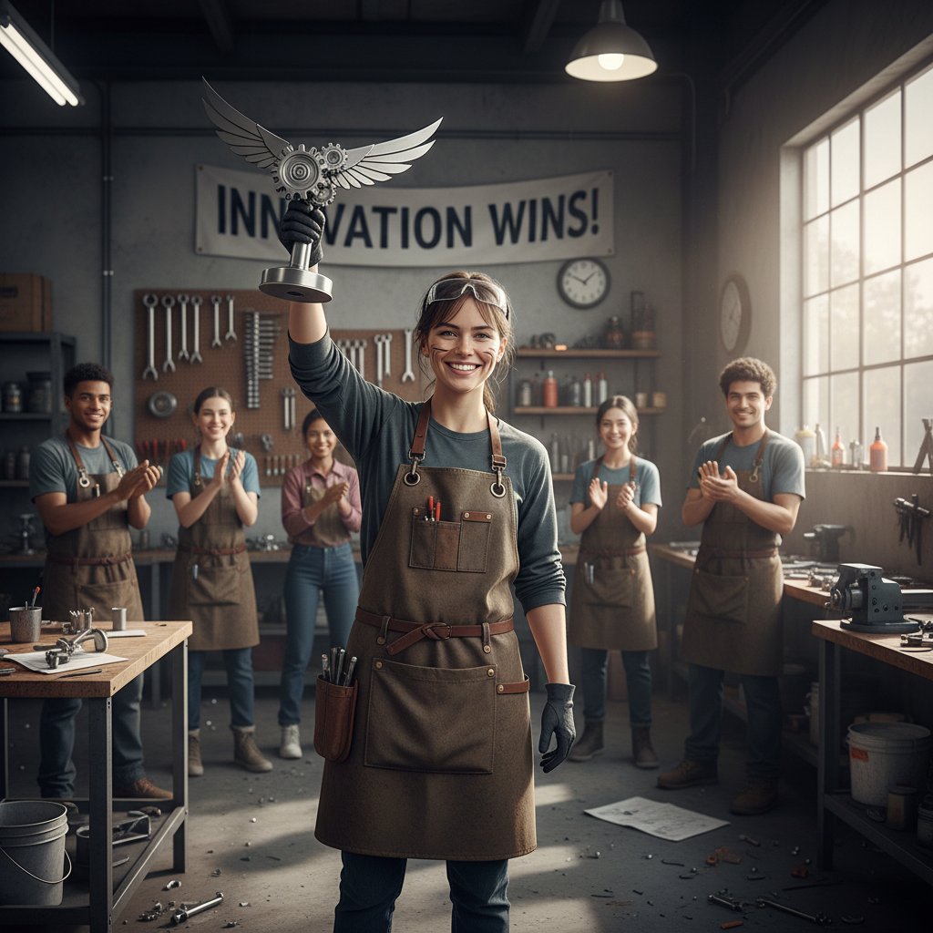 Młoda kobieta prowadząca warsztaty, uśmiechnięta, w tle osoby słuchające – symbol sukcesu po pracy nad sobą