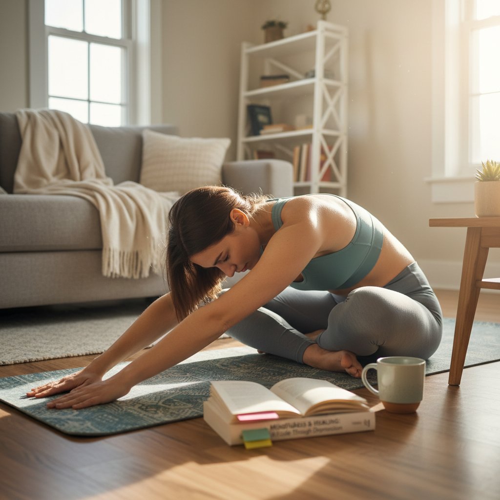 Młoda kobieta ćwicząca jogę w domu, symbolizująca skuteczne strategie samopomocy w depresji