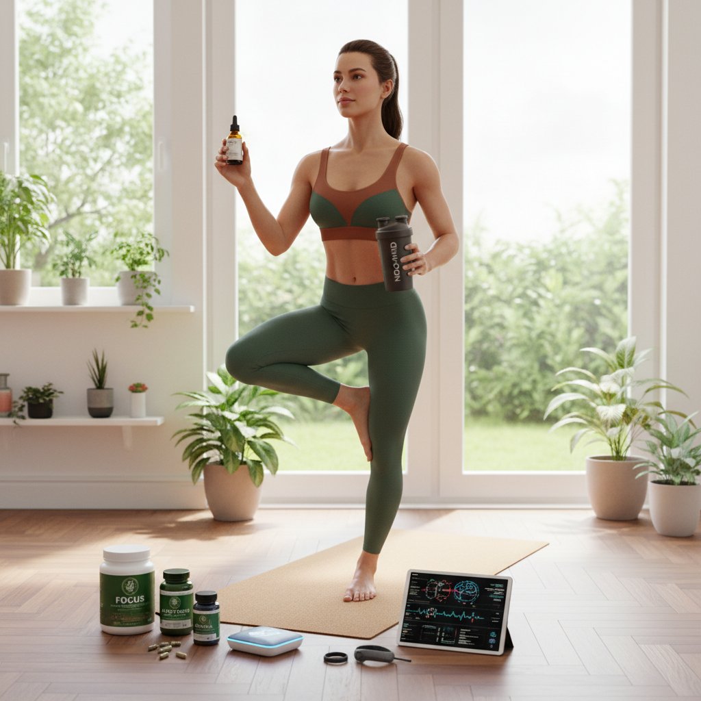 Młoda kobieta ćwicząca jogę w salonie z suplementami na stole – biohacking i codzienne rytuały placebo