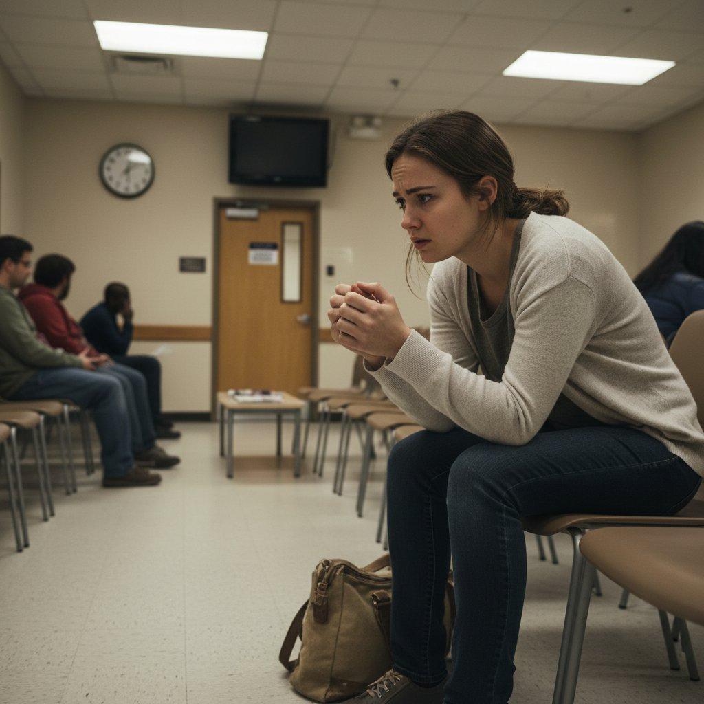 Zdjęcie młodej kobiety siedzącej w pustej poczekalni, wyraźny niepokój na twarzy