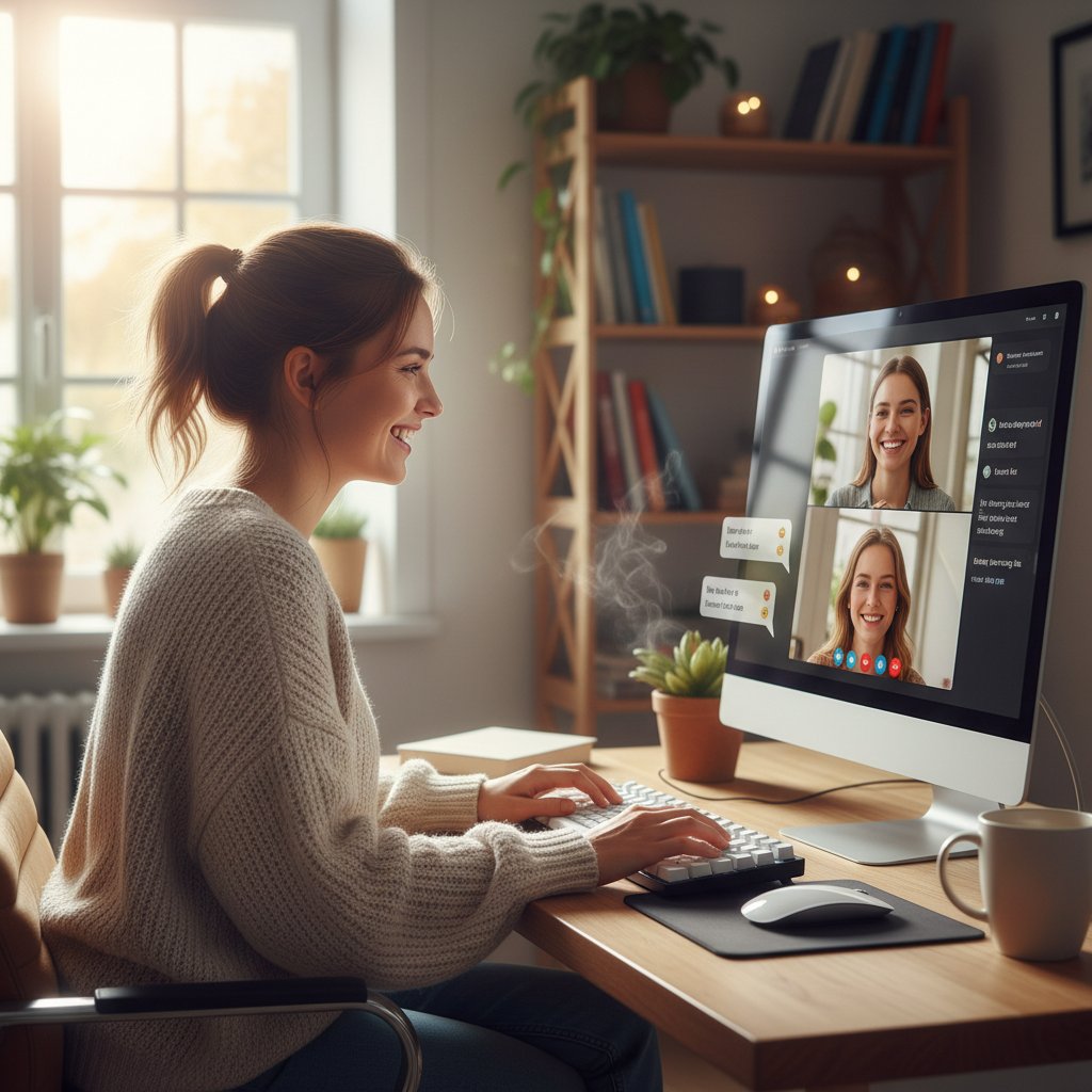 Młoda kobieta przy komputerze, uśmiechnięta, pisze na czacie online, słowa kluczowe: nowe znajomości rozmowa internetowa