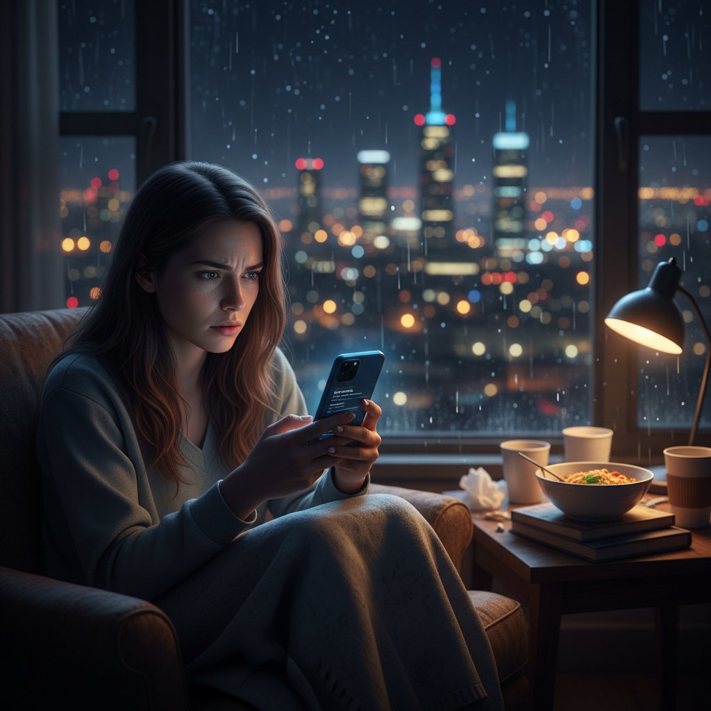 Junge Frau sucht nachts digitale Hilfe bei Angst in ihrer Wohnung