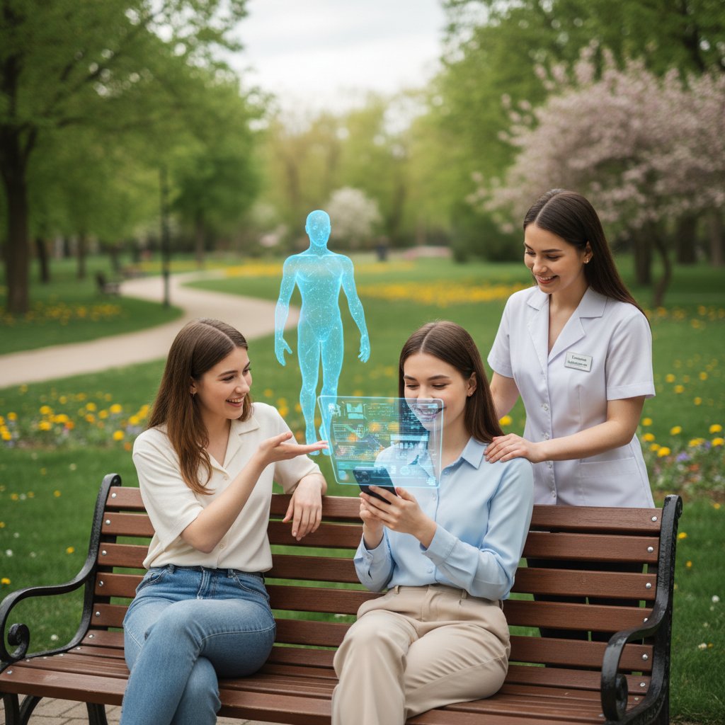 Zdjęcie młodej kobiety rozmawiającej z przyjaciółką na ławce, obie trzymają telefony – symbol równoległego korzystania z AI i relacji z ludźmi