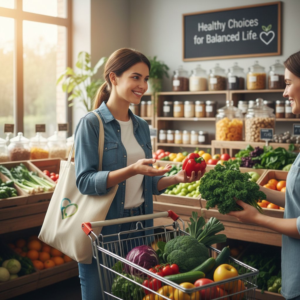 Zdjęcie młodej kobiety wybierającej warzywa na targu, temat: zdrowa profilaktyka