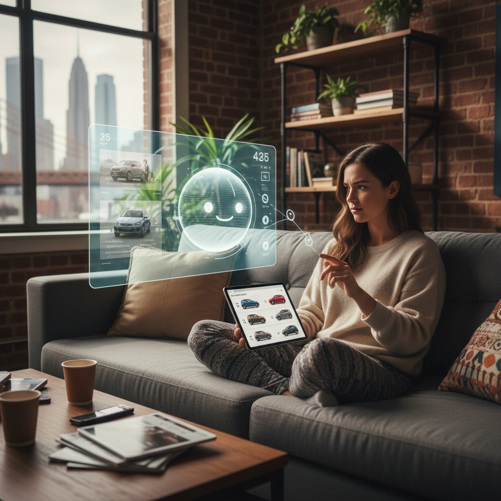 Young woman comparing car options using digital assistant in cozy apartment, multiple screens, urban vibe