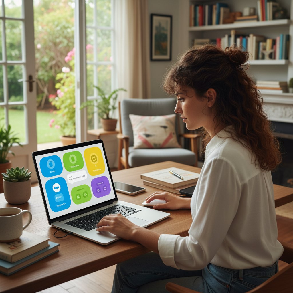 Młoda kobieta konfiguruje chatbota na laptopie, kolorowe elementy interfejsu, domowe biuro