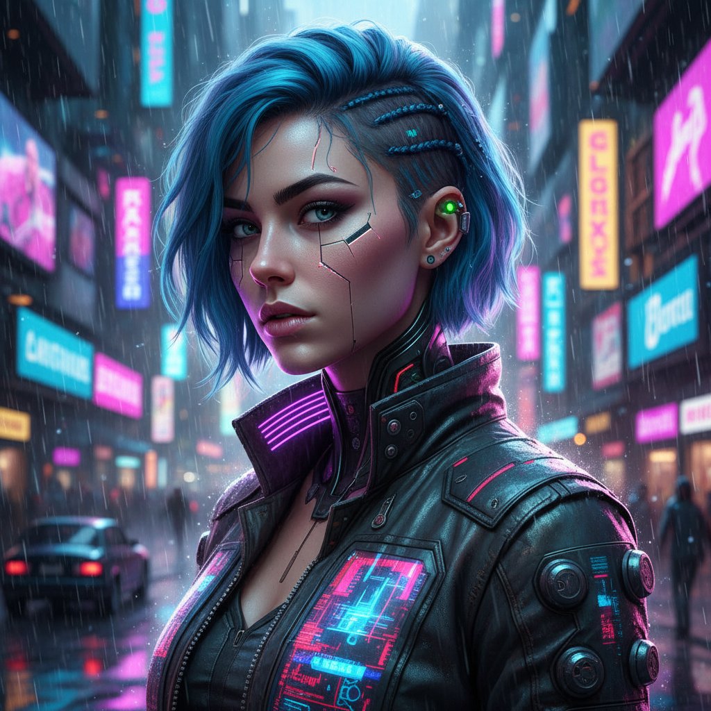 Portret młodej kobiety w stylu cyberpunkowym, kolory neonowe, tło miejskie