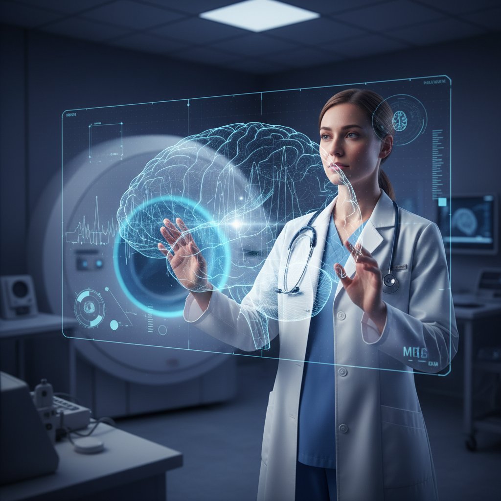 Młoda kobieta rozmawia z lekarzem po badaniu MEG, uśmiech, ulga