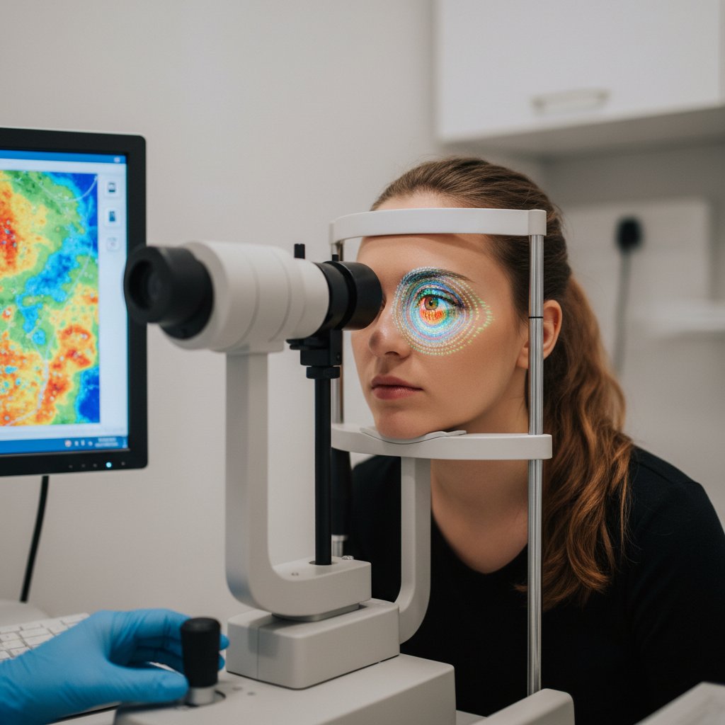 Młoda kobieta podczas kontroli okulistycznej po zabiegu, oglądająca mapę rogówki