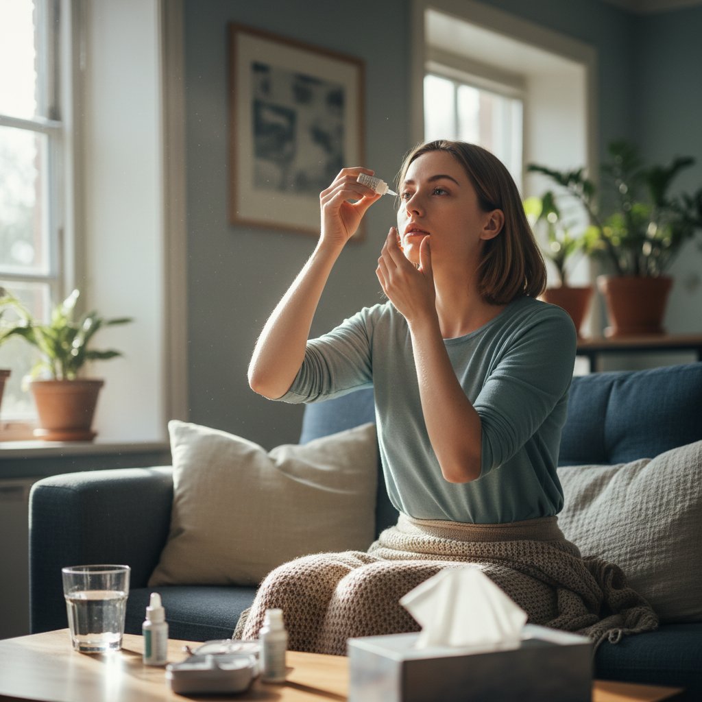 Młoda kobieta zakraplająca oczy w domu, jako element codziennej profilaktyki
