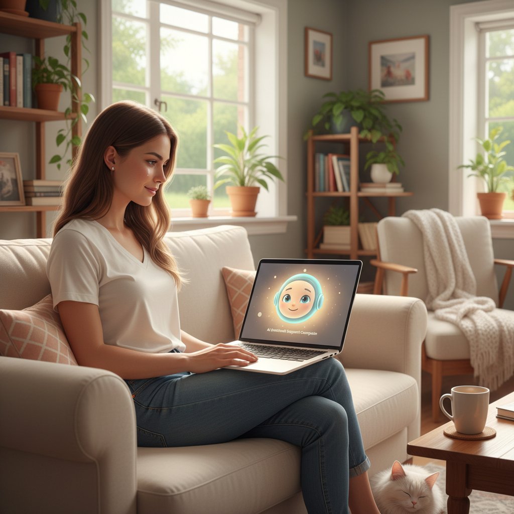 Młoda kobieta z laptopem korzystająca z narzędzia AI do wsparcia emocjonalnego w domowym otoczeniu