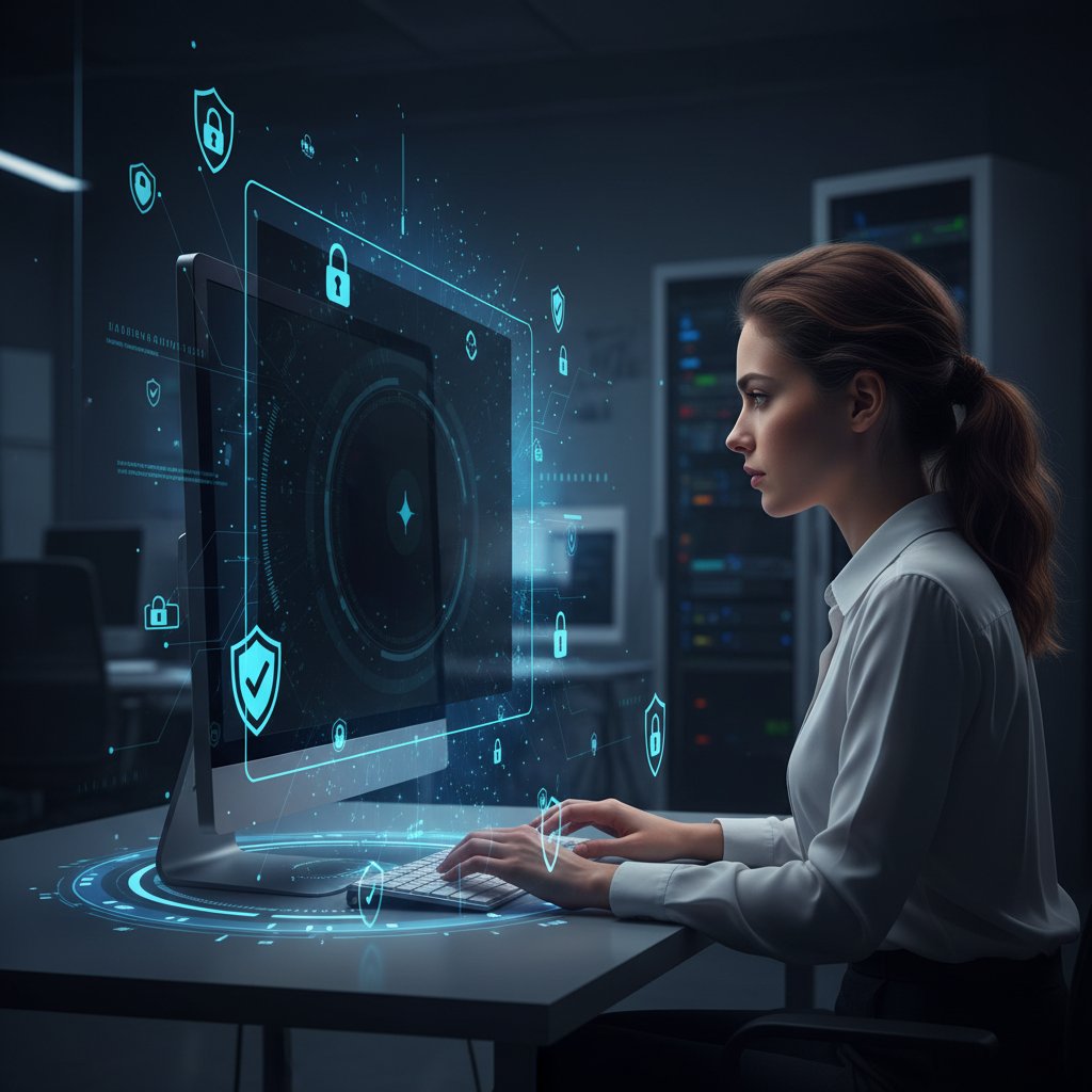 Młoda kobieta wpatrzona w ekran, wokół niej wizualizacja blokad prywatności i symboli ochrony danych