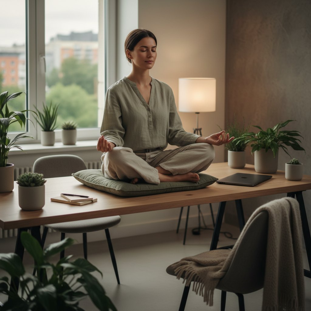 Zdjęcie: młoda kobieta medytująca przy biurku, w tle laptop i kubek kawy, zrelaksowana atmosfera