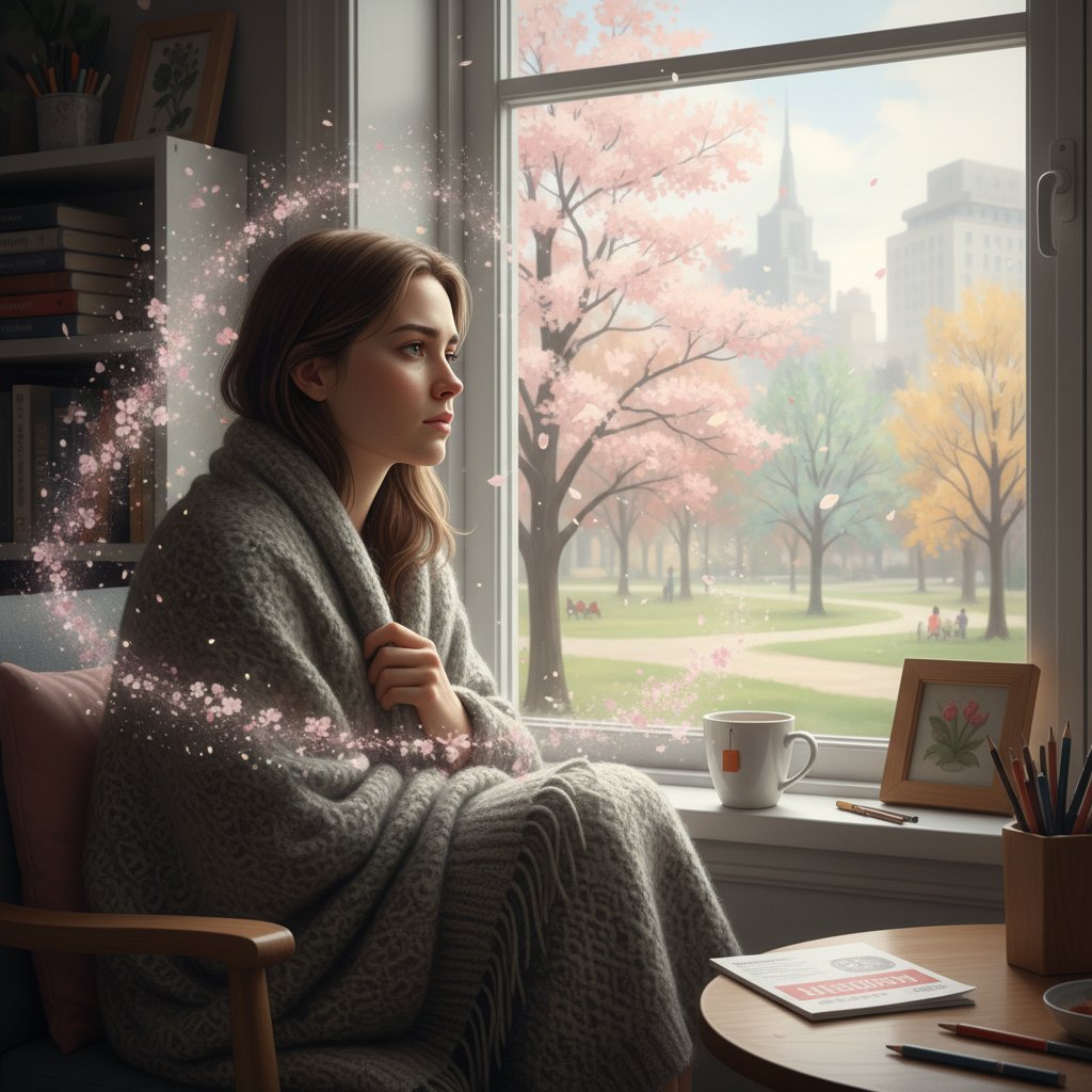 Zdjęcie młodej kobiety zamyślonej przy oknie, temat: życie po diagnozie dysplazji