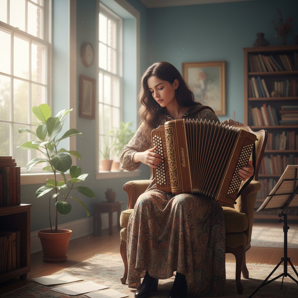 Młoda kobieta grająca na akordeonie, rozświetlony pokój, atmosfera skupienia