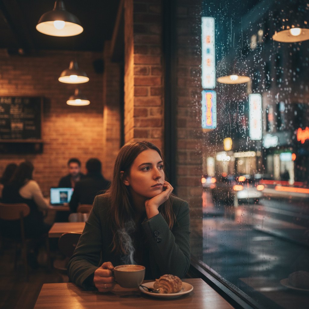Młoda kobieta zastanawiająca się nad wyborem wody wodorowej w kawiarni nocą