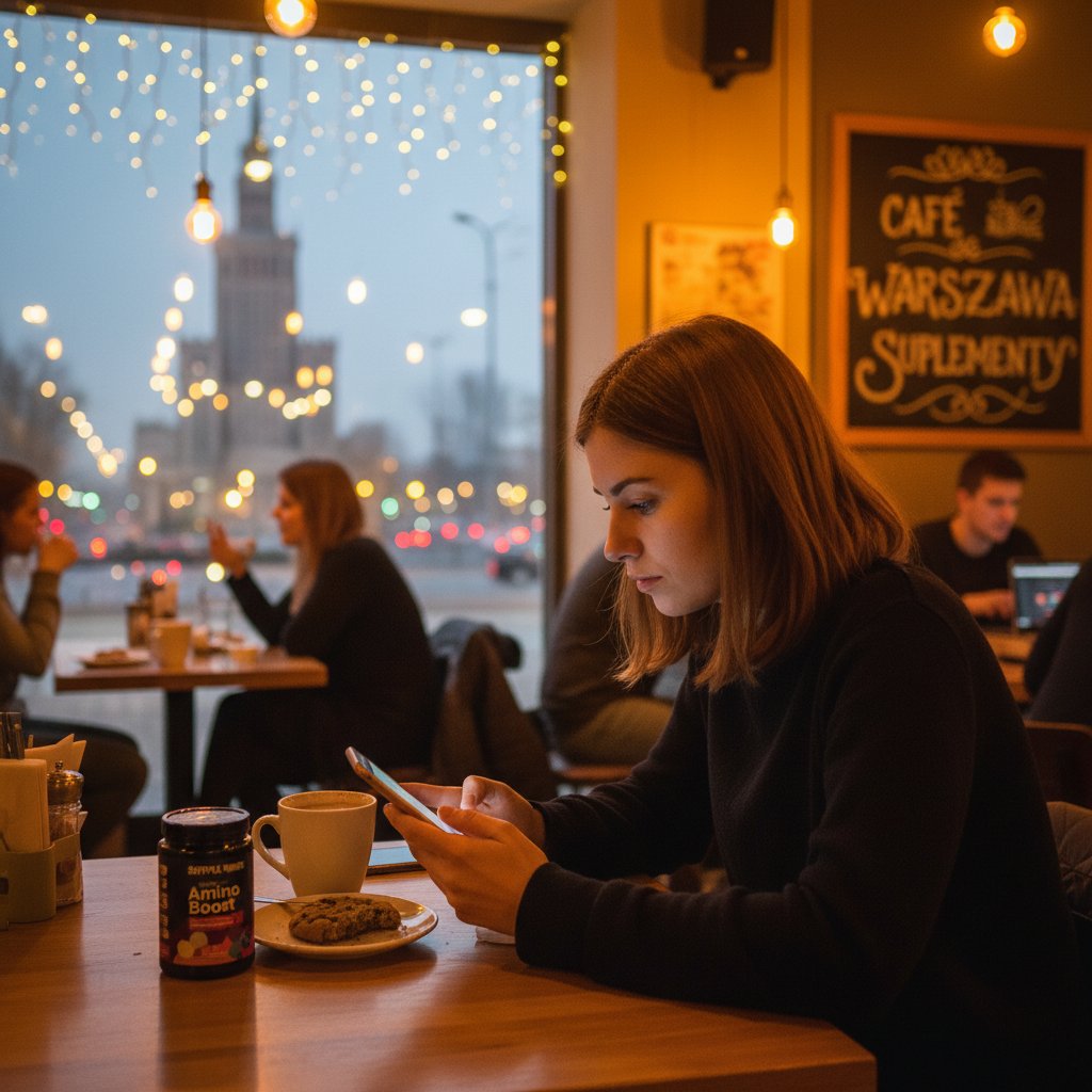 Młoda kobieta wertująca forum internetowe o suplementach w kawiarni, Warszawa, wieczór