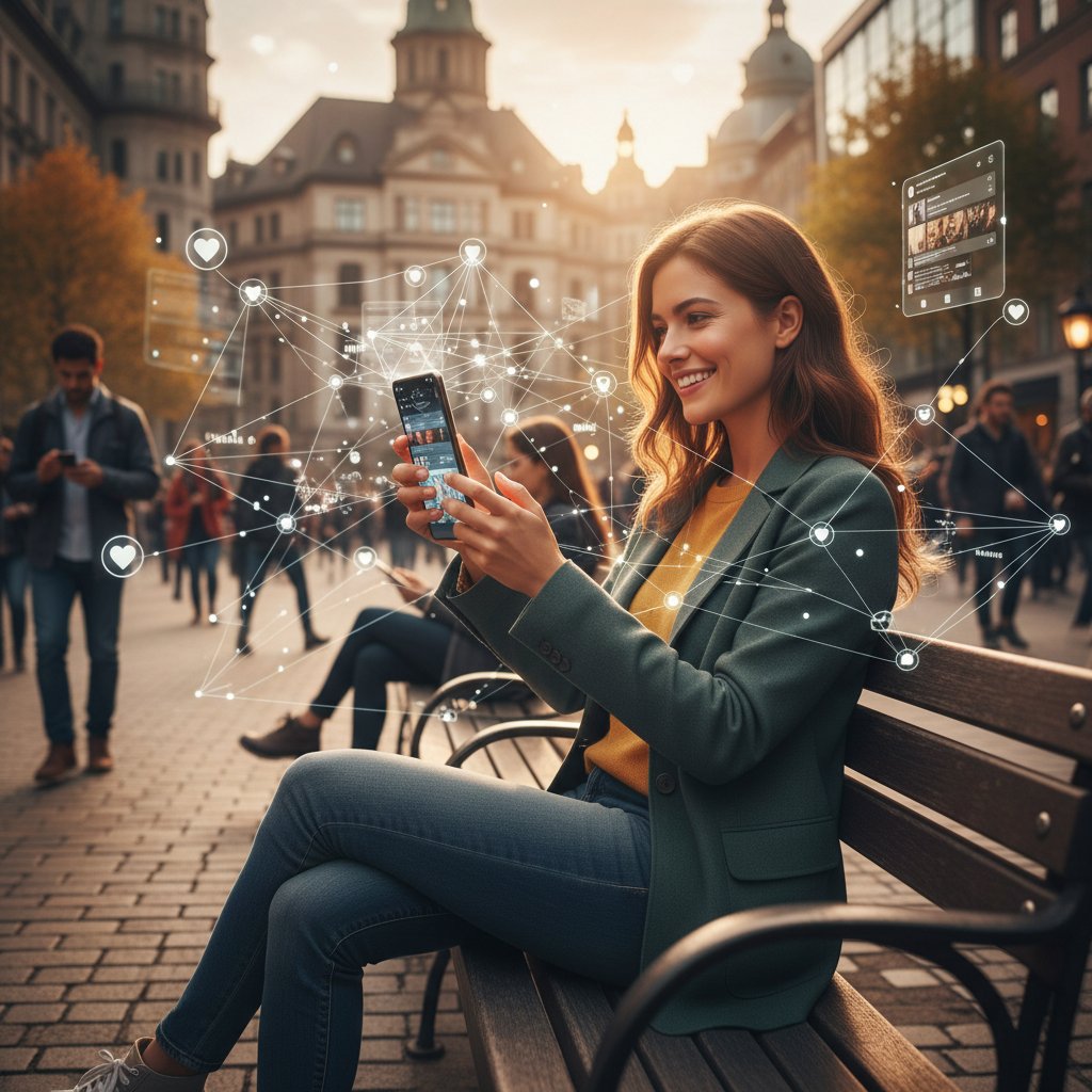 Młoda kobieta ze smartfonem, przeglądająca aplikację społecznościową w miejskim plenerze – symbolizuje cyfrową wymianę społeczną