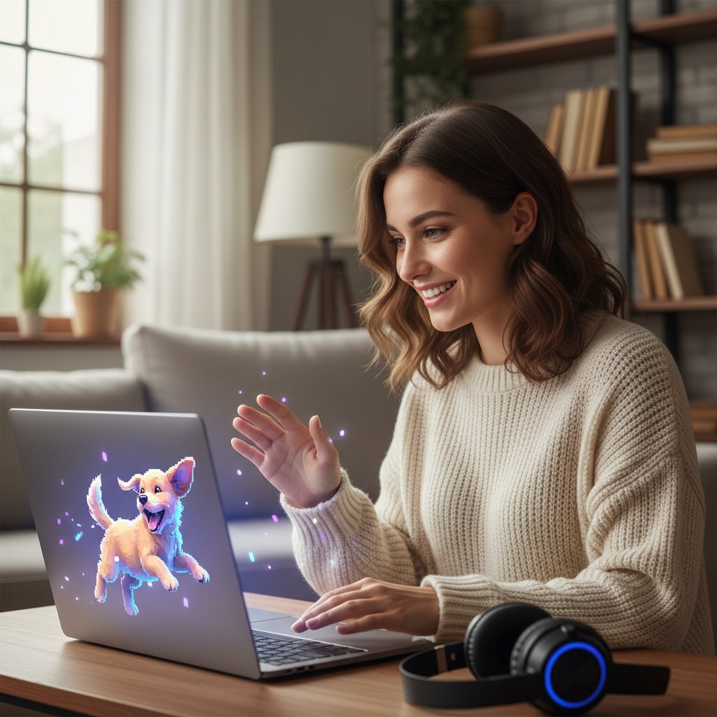 Młoda kobieta uśmiechnięta, rozmawiająca z laptopem, wyświetlającym wirtualnego psa