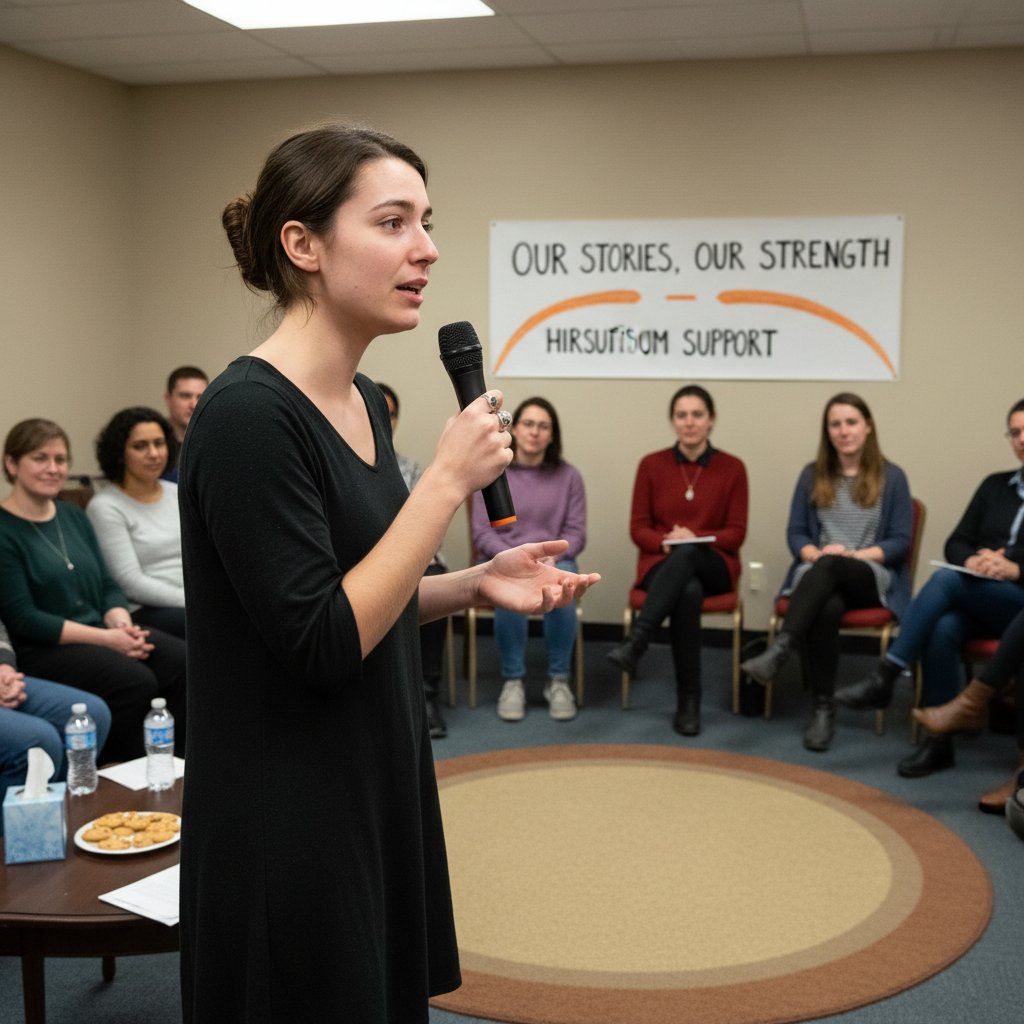 Młoda kobieta opowiada swoją historię w grupie wsparcia, emocje, empatia – siła narracji, hirsutyzm