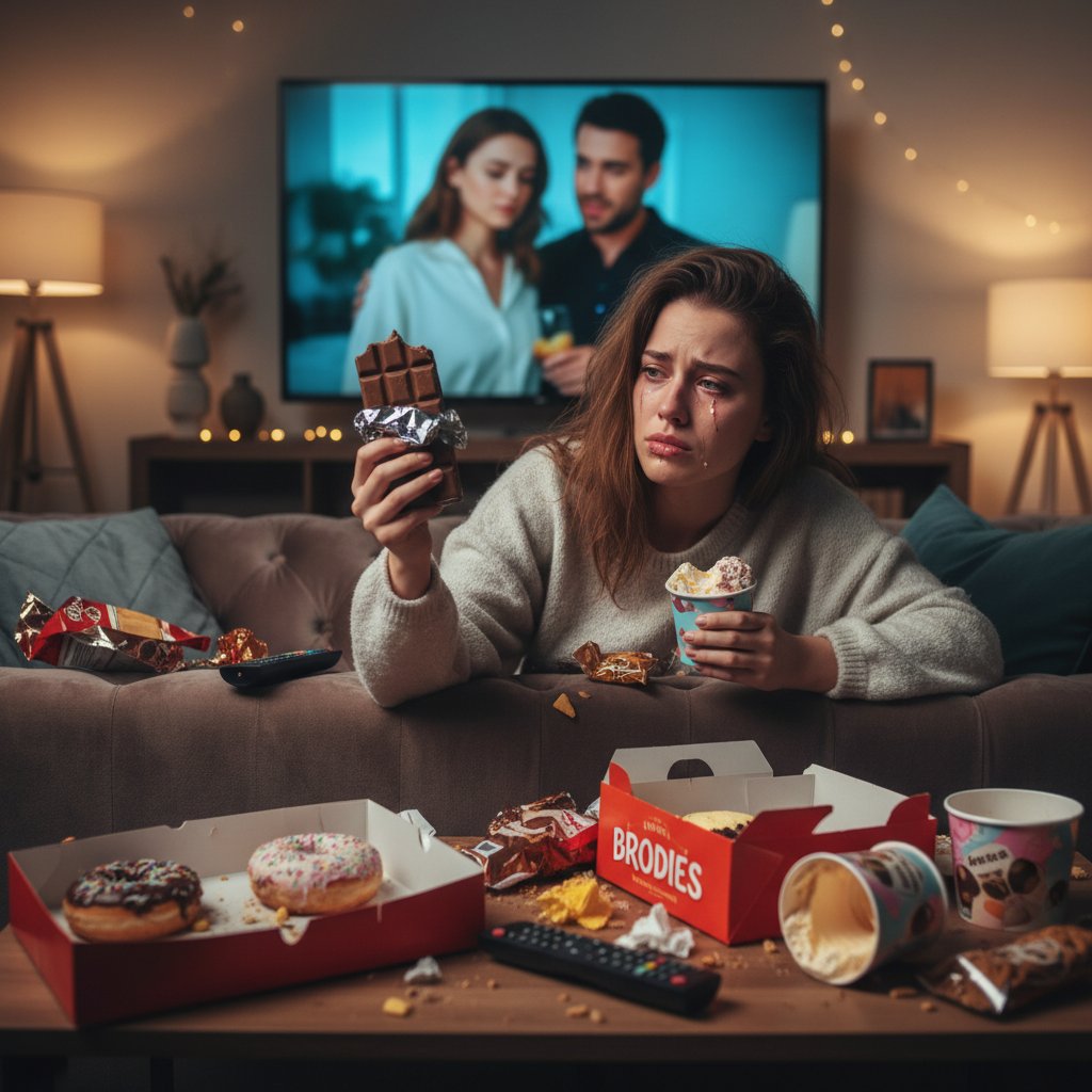 Młoda kobieta zajadająca stres słodyczami w domu