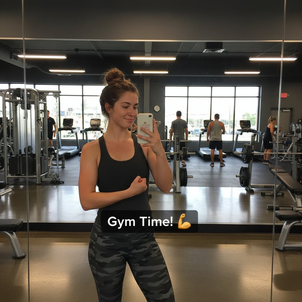 Wizerunek pośladków w mediach społecznościowych – kobieta robi selfie na siłowni