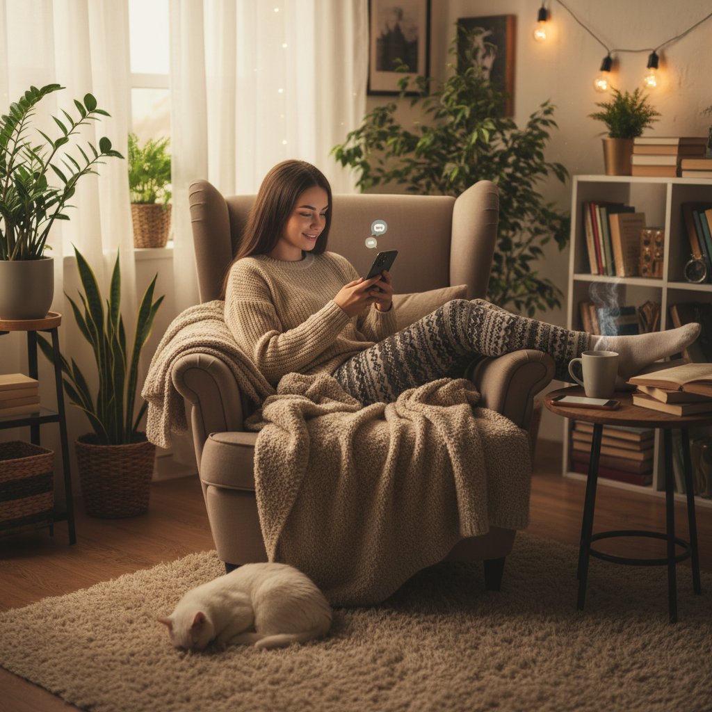 Młoda kobieta pisze na smartfonie w przytulnym pokoju – case study rozmowy online