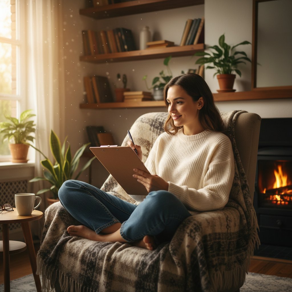 Kobieta zaznaczająca zadania na liście działań przeciw PMS w przytulnym domowym wnętrzu