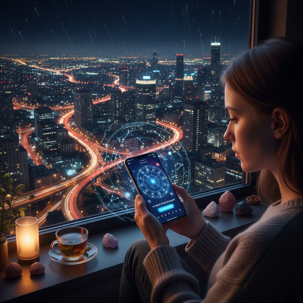 Młoda kobieta korzystająca z aplikacji astrologicznej AI w nocnym mieście, nowoczesna astrologia