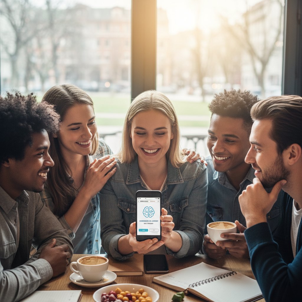 Młoda kobieta korzystająca z aplikacji zdrowotnej na smartfonie, uśmiechnięta, otoczona przyjaciółmi