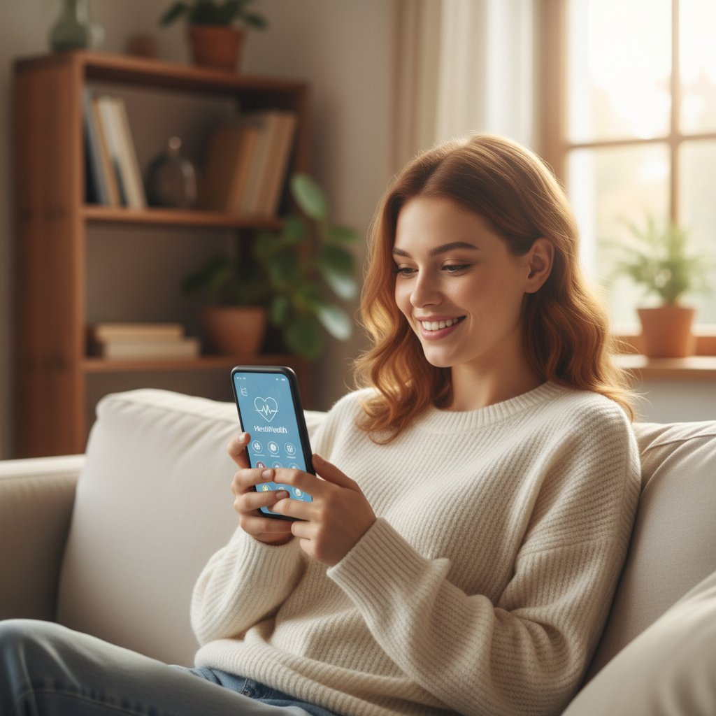 Młoda kobieta korzystająca z aplikacji medycznej na smartfonie w domu, zrelaksowana i uśmiechnięta
