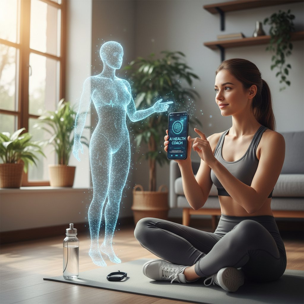 Zdjęcie młodej kobiety korzystającej z aplikacji zdrowotnej na smartfonie, temat: AI i zdrowie