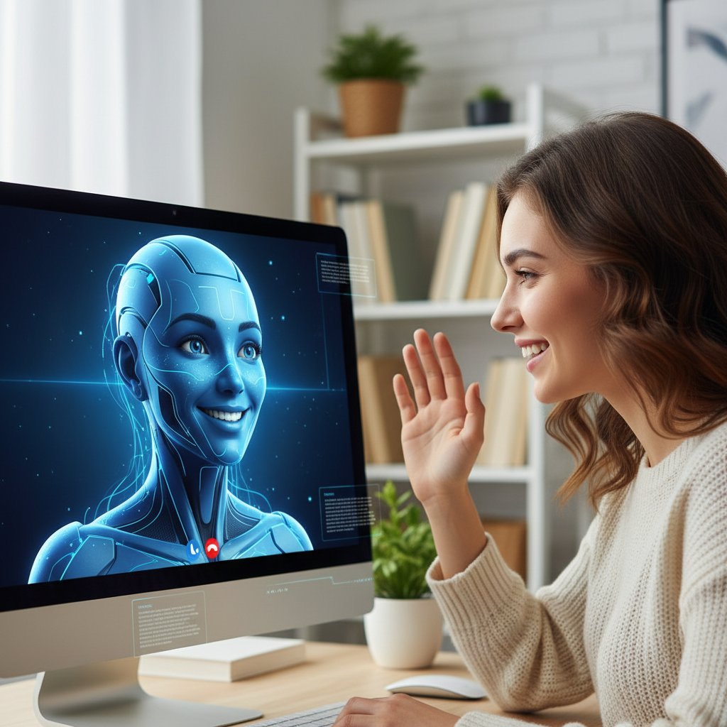 Młoda kobieta podczas rozmowy online, po drugiej stronie ekranu cyfrowy awatar AI, oboje uśmiechnięci