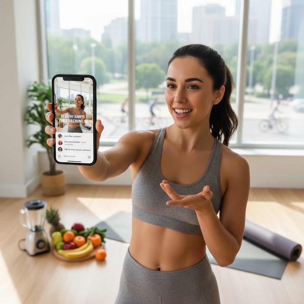 Młoda kobieta nagrywająca film o badaniach tarczycy na tle smartfona, emocjonalna mimika