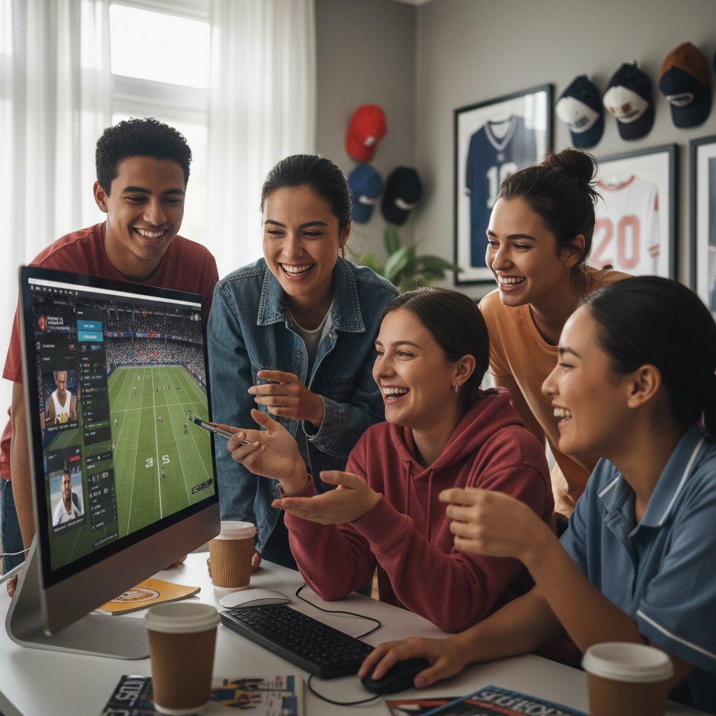 Młode kobiety i osoby niebinarne rozmawiające o sporcie przy komputerze, uśmiechnięte, sportowa atmosfera