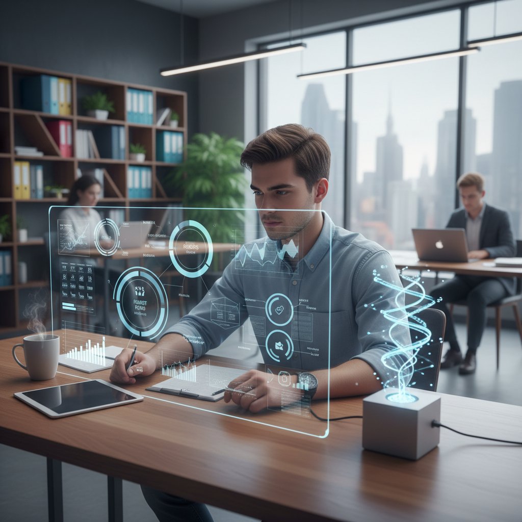 Młody pracownik analizuje swoją ścieżkę zawodową przy komputerze w nowoczesnym biurze, symbolizując zwinność zawodową