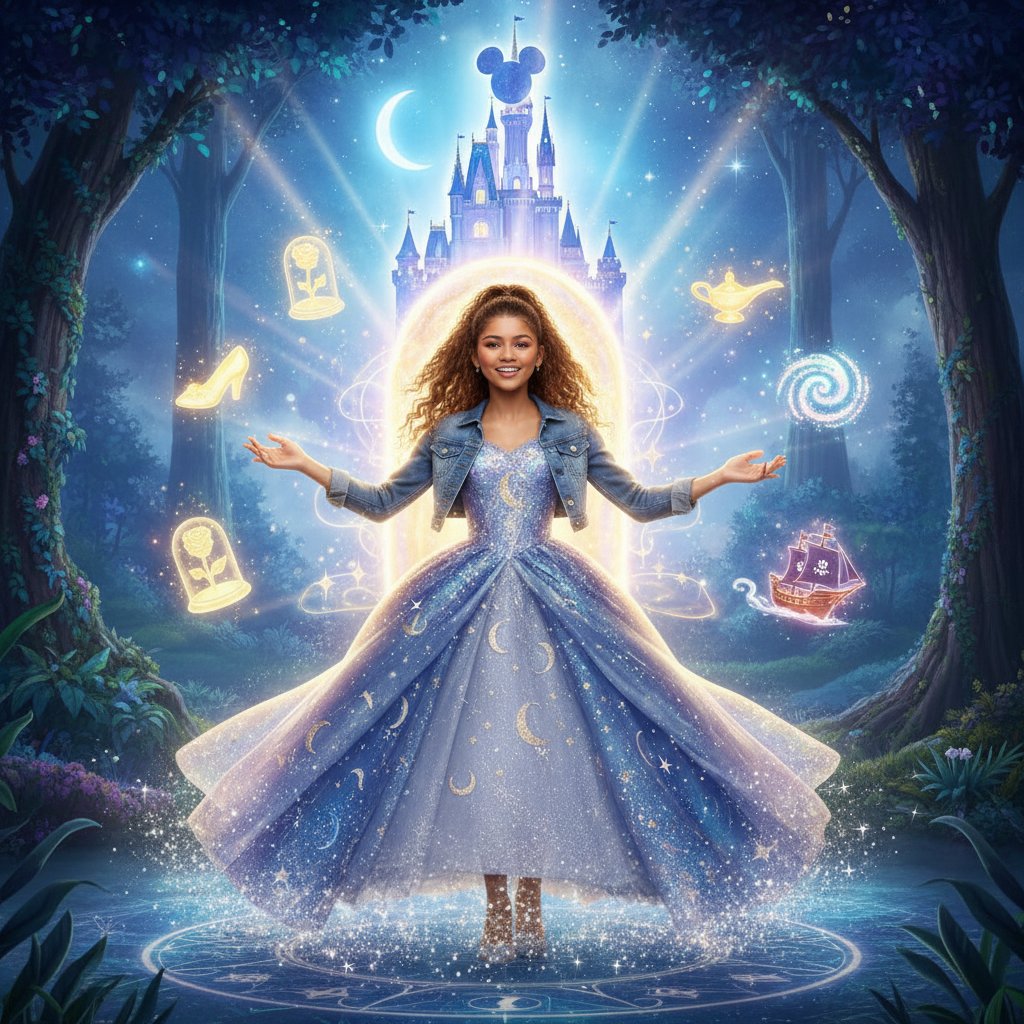 Young Zendaya leaving Disney set, harsh studio lights in background, symbolizing transformation