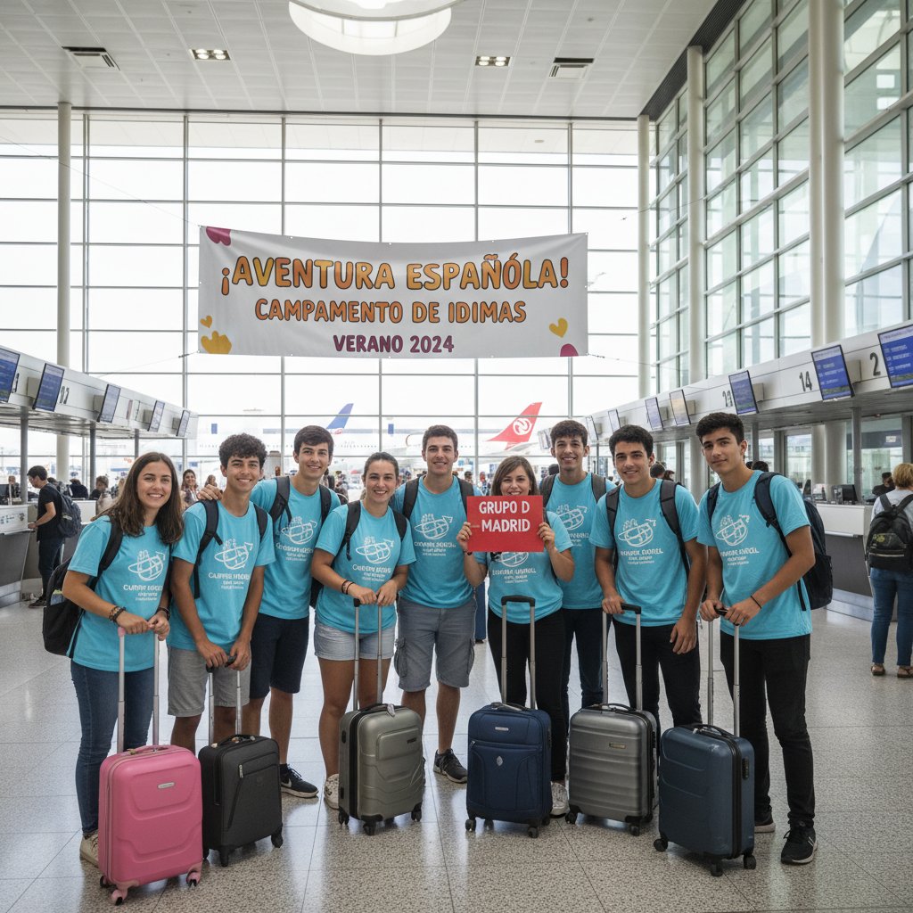 Młoda osoba stojąca z walizką na lotnisku, przygotowana do wyjazdu na obóz językowy do Hiszpanii