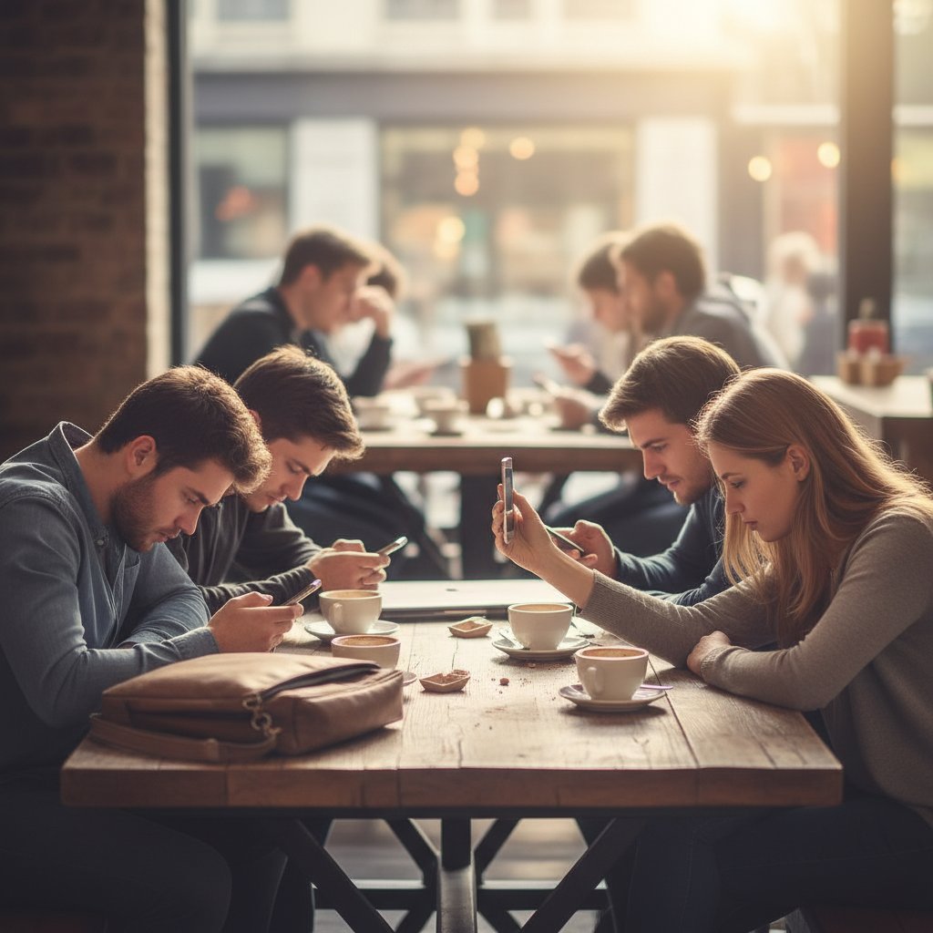 Grupa młodych ludzi rozmawia w kawiarni, ale patrzą w telefony, brak prawdziwego kontaktu