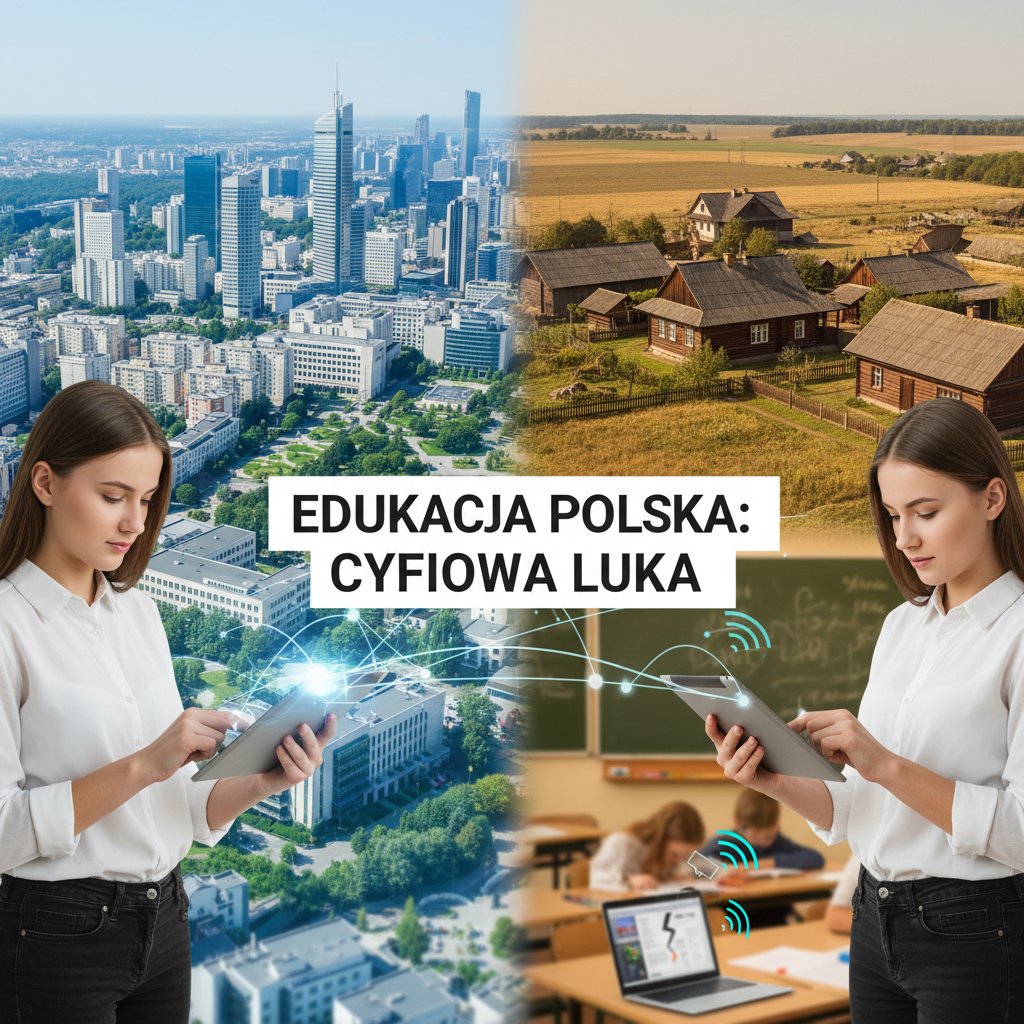 Grupa młodzieży z różnych środowisk: miasto i wieś, symbolizująca cyfrowy podział edukacyjny