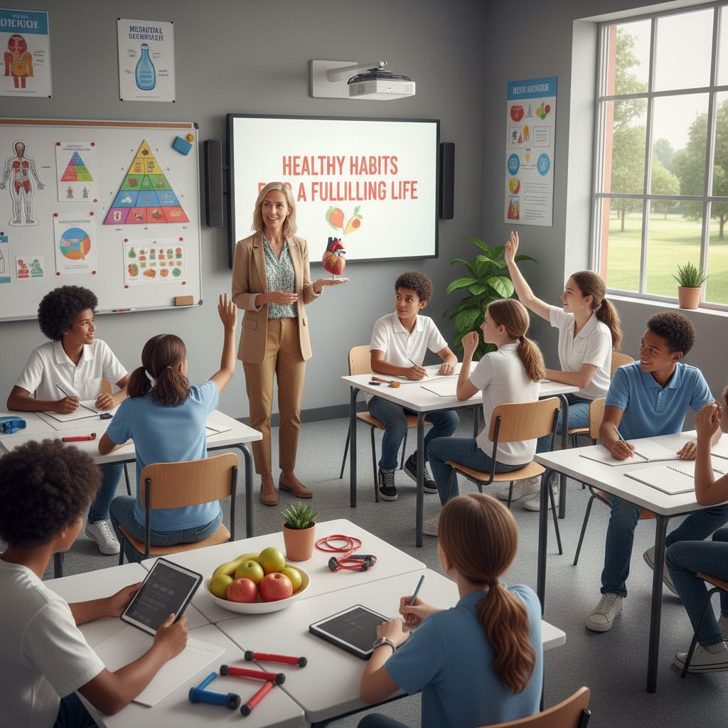 Młodzież podczas lekcji w szkole, nauczyciel pokazujący prezentację zdrowotną; klimat: edukacja, temat: edukacja zdrowotna w szkołach